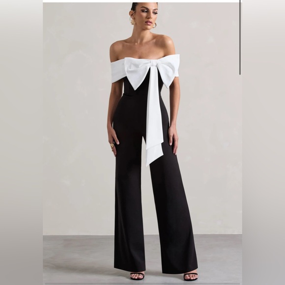 Club L London Pants - Club L London Black Bower Bardot Straight-Leg Jumpsuit With Bow size 12US